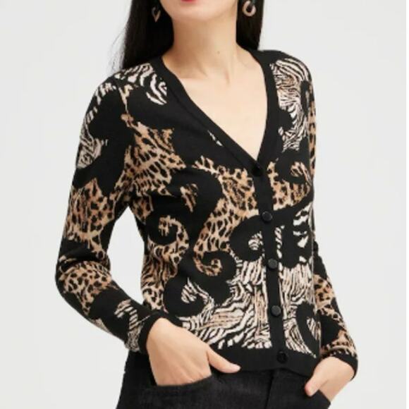 Chico's Cardigan Sweater Jacquard Animal Print Brown Black Womens Size 3 - Picture 1 of 5